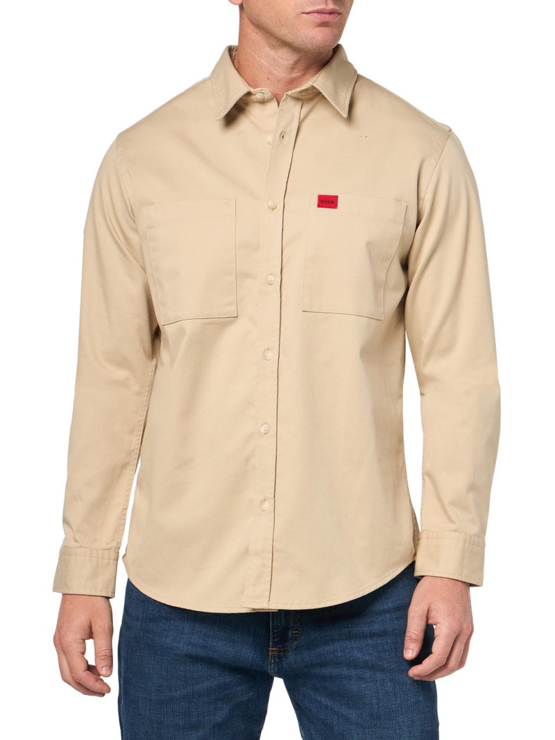 HUGO Cotton Twill Woven Logo Button Down ShirtOnion CreamXXL