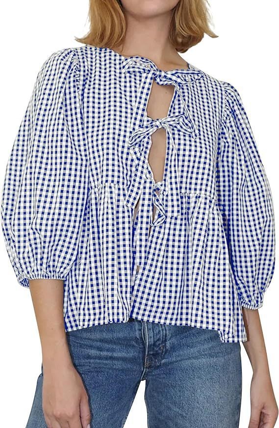 Womens Lace-Up Front Top Leopard Print Ruffled Doll Top 3/4 Length Puff Sleeve BLUE CHECK