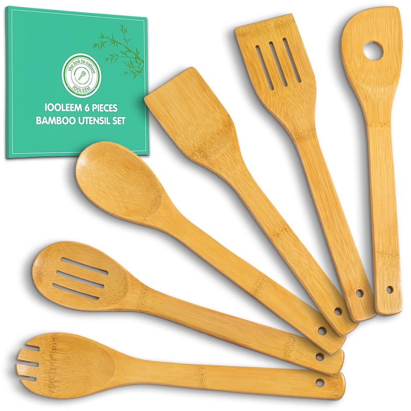 IOOLEEM Bamboo Wooden Spoons for Cooking 6 Pcs 12 Inch NonStick Wooden Kitchen Utensils Set Natural and Durable Wooden Spatula Spoons for NonStick Pan for Cooking