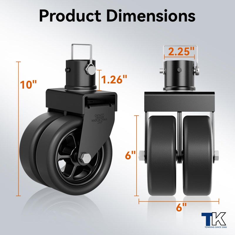 TOWKING 2,500lbs Dual 6" Trailer Jack Swivel Caster with Upgraded Spoked Wheels and Reinforced Bracket, Black - Image 3