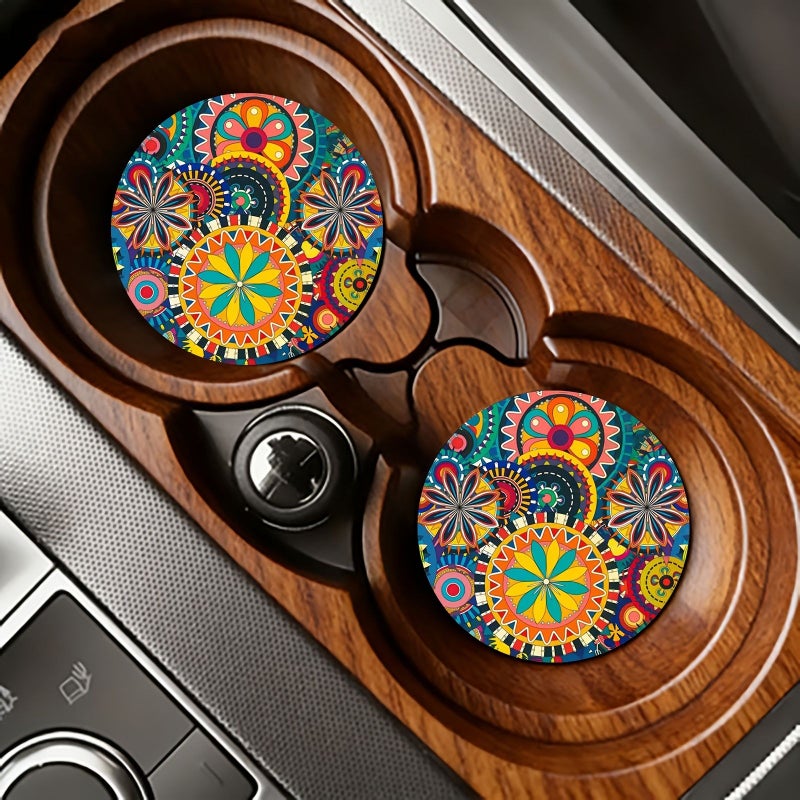 Mandala Pattern Heat Resistant Car Coasters Model CD108 Scratch Proof Ethnic Decor 2pcs - Image 1