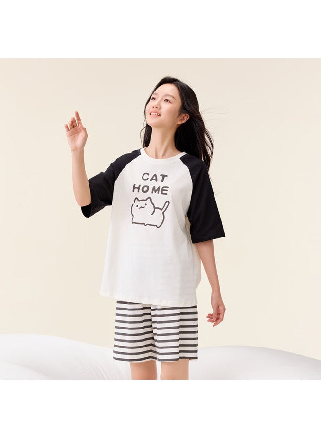 Red Bean Teen Short Sleeve Pajama Set Summer Male And Female Middle School Students Pure Cotton Home Wear Outerwear N3360 White 165 - Image 2