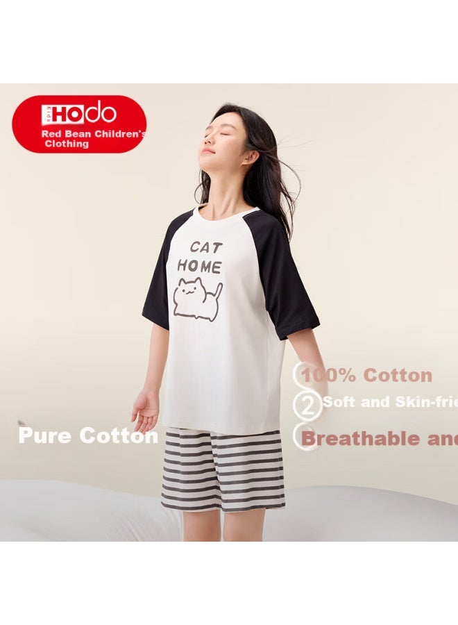 Red Bean Teen Short Sleeve Pajama Set Summer Male And Female Middle School Students Pure Cotton Home Wear Outerwear N3360 White 165 - Image 1