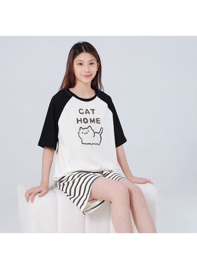 Red Bean Teen Short Sleeve Pajama Set Summer Male And Female Middle School Students Pure Cotton Home Wear Outerwear N3360 White 165 - Image 5