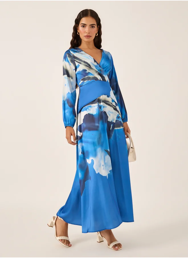 Styli Abstract Print Cuffed Sleeves A-Line Maxi Dress