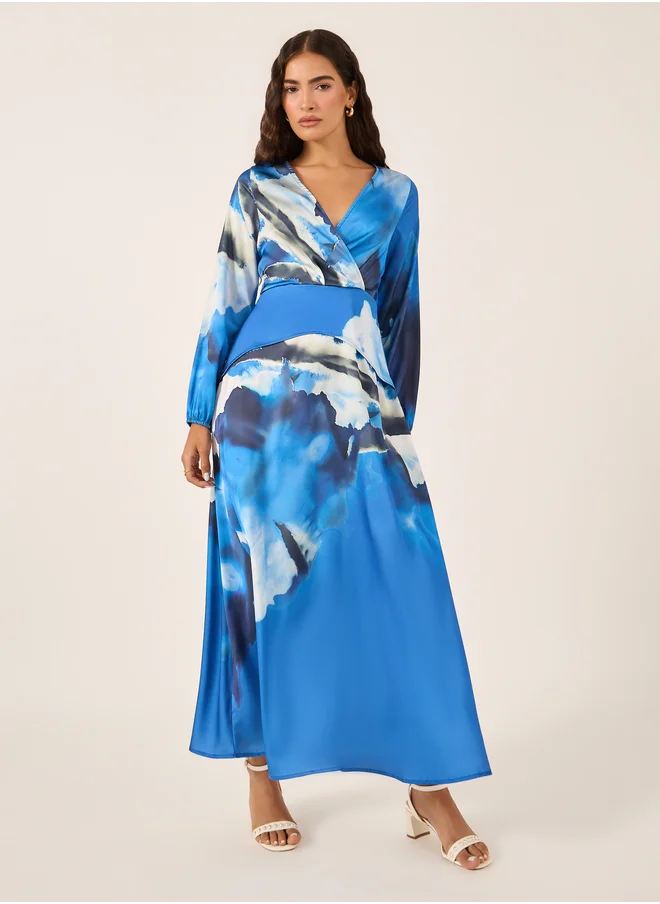 Styli Abstract Print Cuffed Sleeves A-Line Maxi Dress
