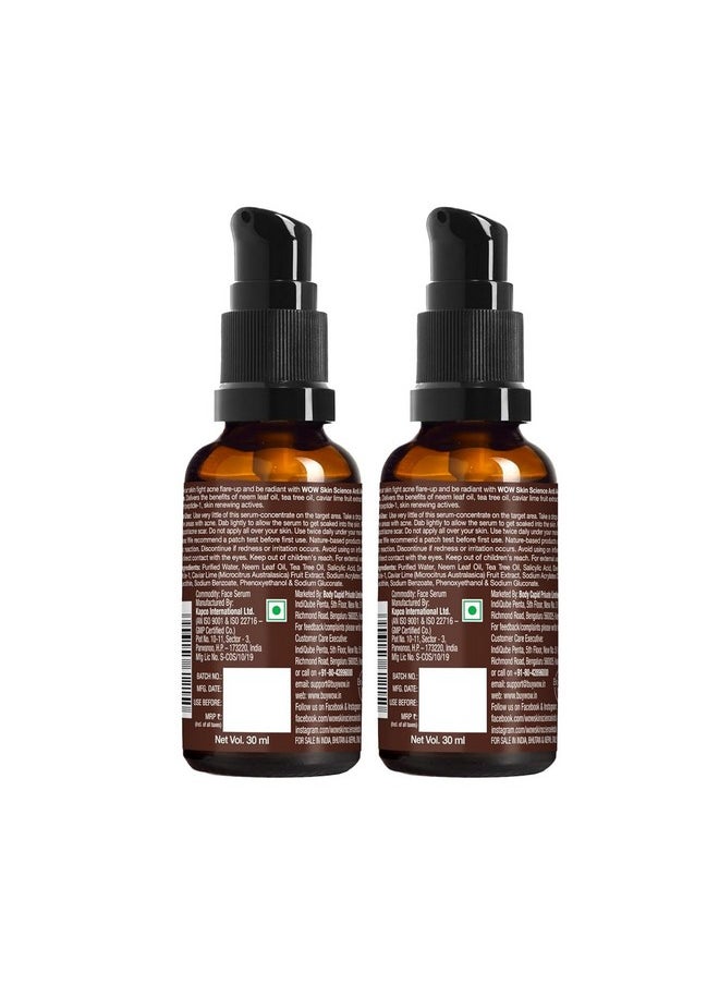 WOW Skin Science - Anti Acne Face Serum|Natural Neem Leaf & Tea Tree Oil|Reduce Spots Skin Repair Pimple Free Bright Skin|No Parabens|Face Serum For Women & Men|30 Ml|Pack Of 2 - Image 1