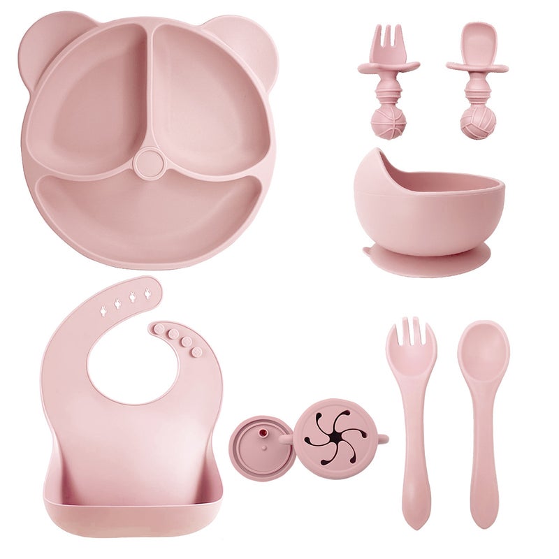 Silicone Baby Dining Set Soft Bib Bowl Spoon10 pieces of light powder-bear plate + snail bowl +2 in 1 cup + Bib + long fork spoon + spherical short fork spoon 10 pieces of light powder-bear plate + snail bowl +2 in 1 cup + Bib + long fork spoon + spherical short fork spoon