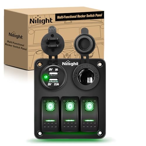 Nilight 3 Gang Rocker Switch Panel with USB Charger and Cigar Lighter 12V 24V Toggle ON Off Green Night Glow Stickers for Cars Rvs Trucks - Image 1