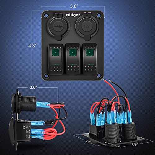 Nilight 3 Gang Rocker Switch Panel with USB Charger and Cigar Lighter 12V 24V Toggle ON Off Green Night Glow Stickers for Cars Rvs Trucks - Image 4