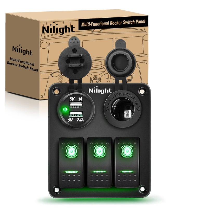 Nilight 3 Gang Rocker Switch Panel with USB Charger and Cigar Lighter 12V 24V Toggle ON Off Green Night Glow Stickers for Cars Rvs Trucks - Image 2