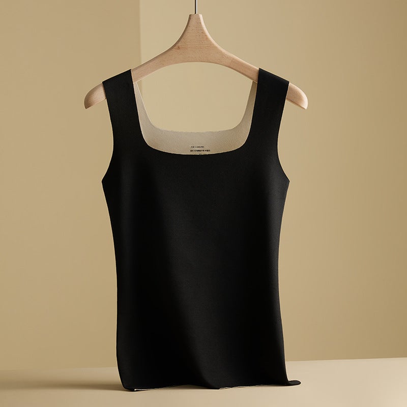Autumn and Winter de Velvet thermal underwear womens chest pad cold-proof thermal vest heating all-match seamless wear-free bottoming shirt 2309# Black - Image 1