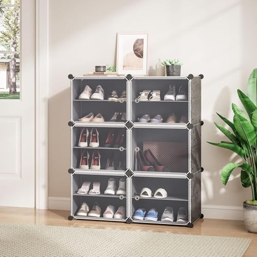 LiveCool Shoe Rack Plastic, 12-Layer Shoes Rack for Home Plastic, Closed Shoe Rack with Door&Metal Hook, Soft PP Plastic Shoe Stand Organiser Sneakers/Heels/Slippers on Bedroom Entryway,Black (SR-B12) - Image 1