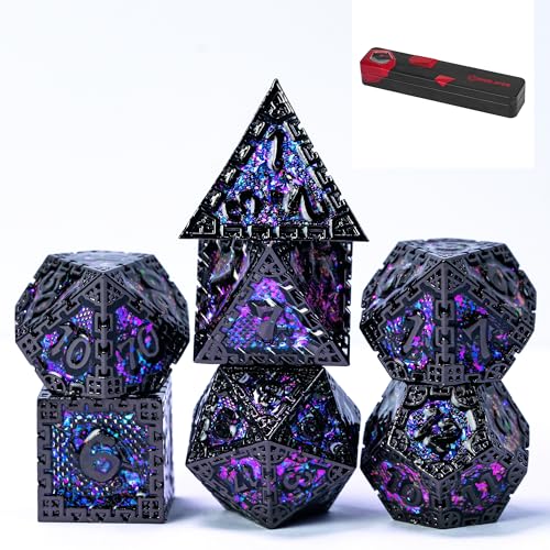 UDIXI Metal DND Dice Set 7PCS Polyhedral Metal Dice Set DD Dragon with Gift Box for Role Playing Games and Other Tabletop Game Purple Sequins - Image 1