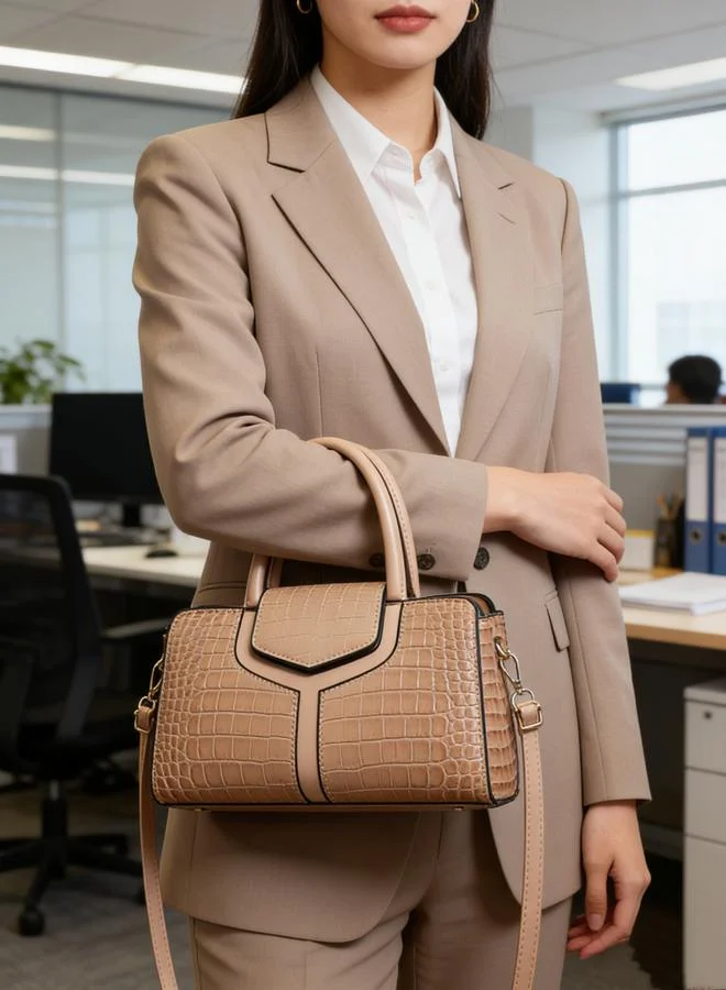 Take Two Beige Croc-Embossed Handbag