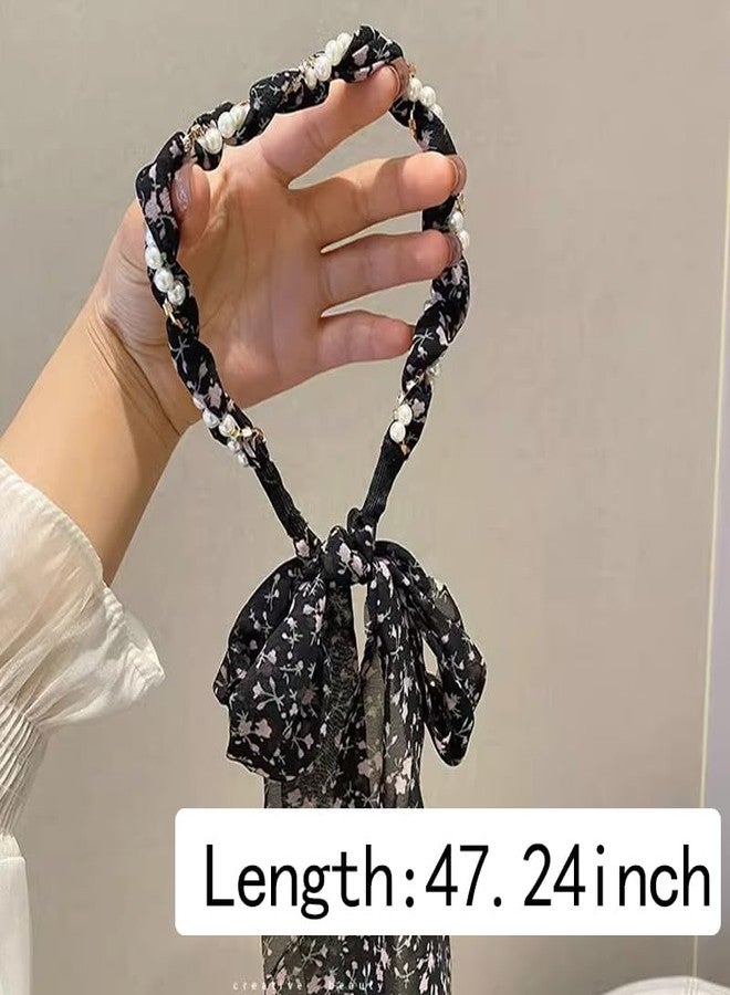 Sisadodo Long Hair Ribbons for Women Girls Flower Pearl Headband Hairband for Thick Thin Hair Elegant Bow Hairbands Non Slip Head Scarf Bands for Teen Girl Ponytail Hairclip Fashion HairAccessories for Women - Image 2