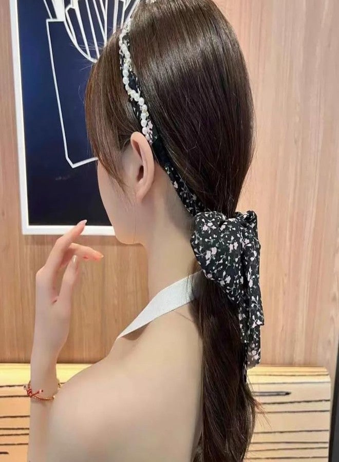 Sisadodo Long Hair Ribbons for Women Girls Flower Pearl Headband Hairband for Thick Thin Hair Elegant Bow Hairbands Non Slip Head Scarf Bands for Teen Girl Ponytail Hairclip Fashion HairAccessories for Women - Image 3
