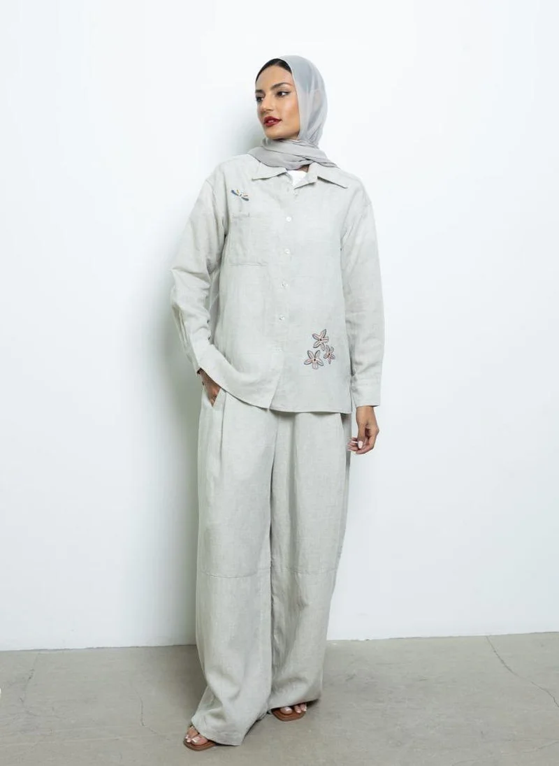 Beige Linen Embroidered Shirt and Wide-Leg Pants Co-Ord Set