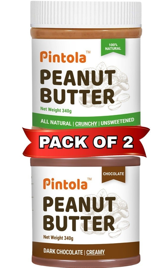 Pintola All Natural Unsweetened Crunchy 340g + Dark Chocolate Creamy 340g Peanut Butter, High in Protein, Gluten Free, Vegan, Cholesterol Free, natural oil on top, mix well, achieve the creaminess. - Image 1