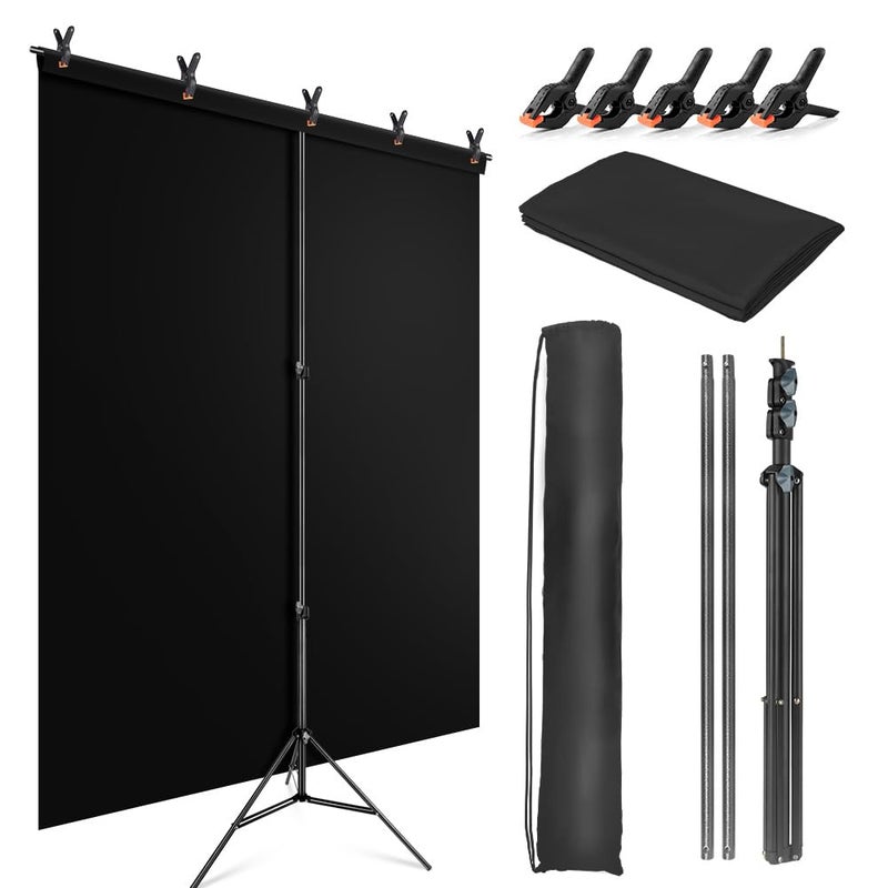 JEBUTU Black Backdrop Background with Stand for Photoshoot, 5x6.5ft Black Photo Backdrop Curtain Cloth with Background - Image 1