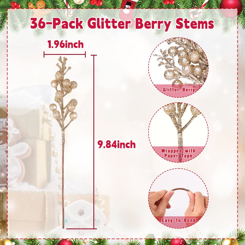 HOHOTIME HOHOTIME 36Pcs Christmas Glitter Berries Stems  9.5 Inch Artificial Christmas Tree Picks for Christmas Tree Decorations Ornaments DIY Crafts Vases Holiday Wedding Home Xmas Decor(Champagne)  - Image 2