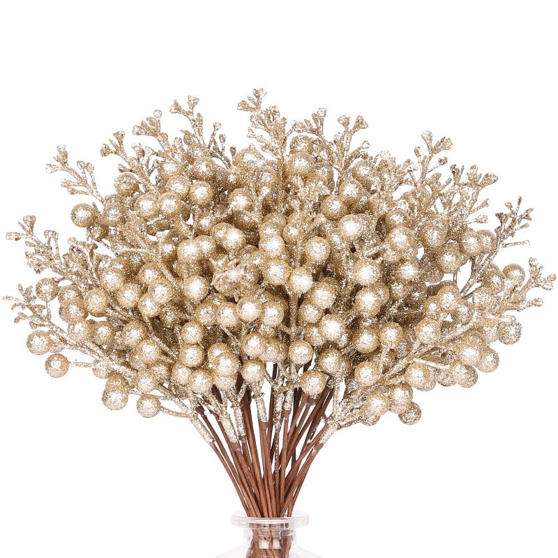 HOHOTIME HOHOTIME 36Pcs Christmas Glitter Berries Stems  9.5 Inch Artificial Christmas Tree Picks for Christmas Tree Decorations Ornaments DIY Crafts Vases Holiday Wedding Home Xmas Decor(Champagne)  - Image 1