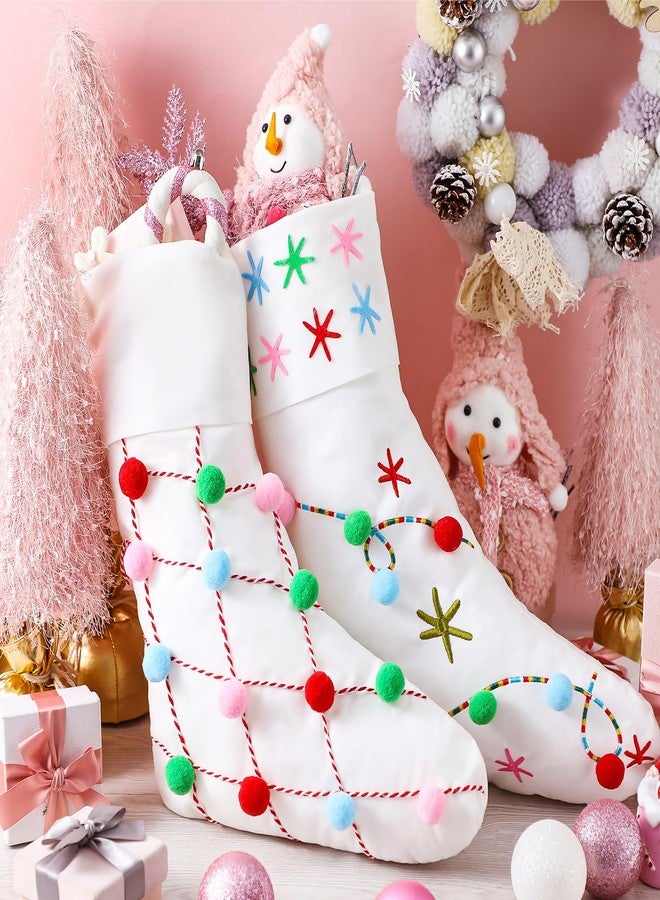 Arrowbash 4 Pack Boho Pom Pom Christmas Stocking 19 Inch Colorful Snowflake Embroidery Cable Knit Christmas Stocking Gifts Cream Xmas Tree Decoration for Family Home Festive Holiday Party Supplies - Image 4