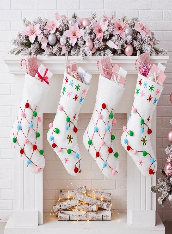 Arrowbash 4 Pack Boho Pom Pom Christmas Stocking 19 Inch Colorful Snowflake Embroidery Cable Knit Christmas Stocking Gifts Cream Xmas Tree Decoration for Family Home Festive Holiday Party Supplies - Image 1