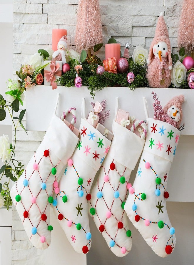 Arrowbash 4 Pack Boho Pom Pom Christmas Stocking 19 Inch Colorful Snowflake Embroidery Cable Knit Christmas Stocking Gifts Cream Xmas Tree Decoration for Family Home Festive Holiday Party Supplies - Image 3