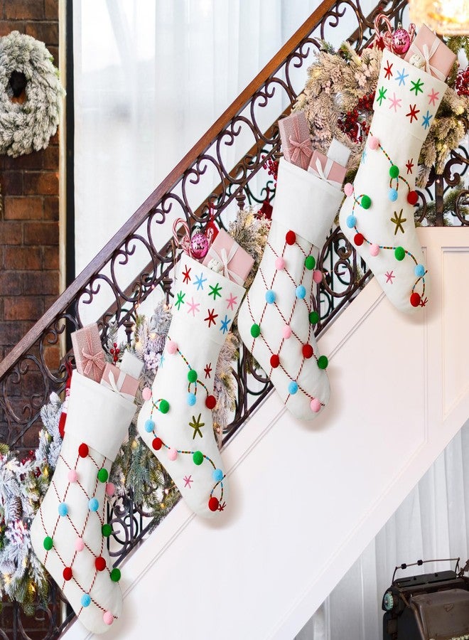 Arrowbash 4 Pack Boho Pom Pom Christmas Stocking 19 Inch Colorful Snowflake Embroidery Cable Knit Christmas Stocking Gifts Cream Xmas Tree Decoration for Family Home Festive Holiday Party Supplies - Image 5