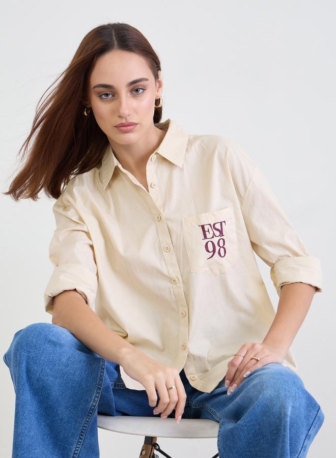 Styli Beige Oversized Shirt with Patch Pocket - Image 1