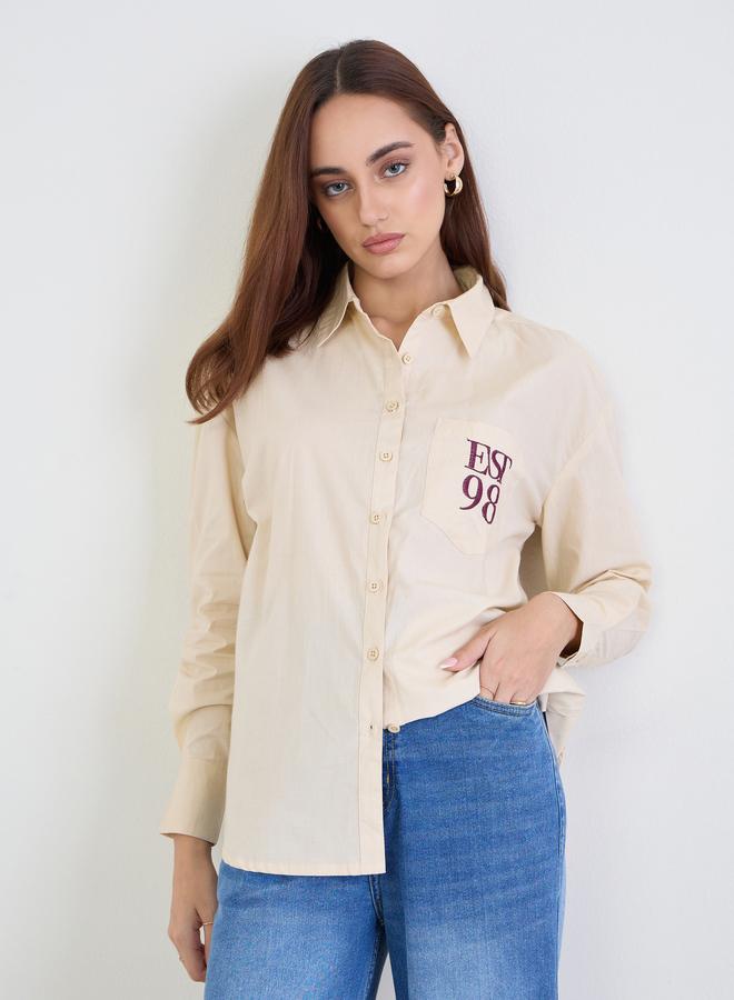 Styli Beige Oversized Shirt with Patch Pocket - Image 3