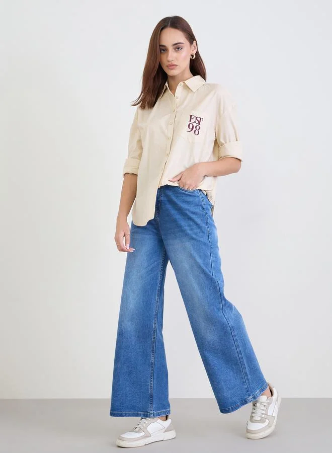 Styli Styli Beige Oversized Shirt with Patch Pocket