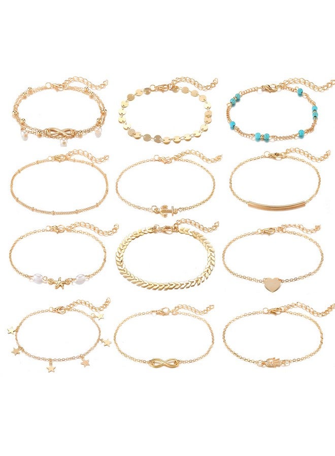 Softones 12Pcs Ankle Bracelets For Women Gold Silver Two Style Chain Beach Anklet Bracelet Jewelry Anklet Set,Adjustable Size - Image 1