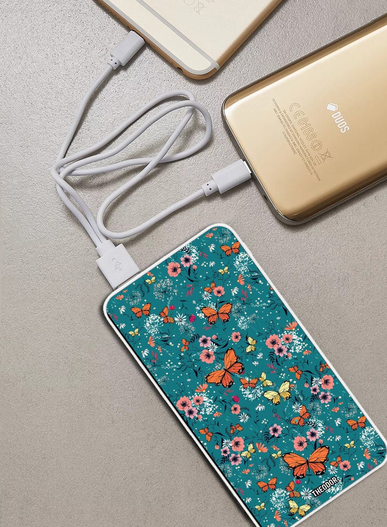 Theodor 10,000 mAh Super Fast Charging Ultra Compact Power Bank with Quick Charge & Power Delivery, Portable Charger For iPhone and Android Butterfly Flowers - Image 2