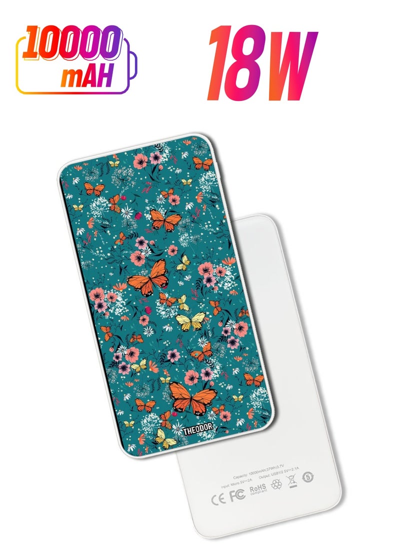Theodor 10,000 mAh Super Fast Charging Ultra Compact Power Bank with Quick Charge & Power Delivery, Portable Charger For iPhone and Android Butterfly Flowers - Image 1