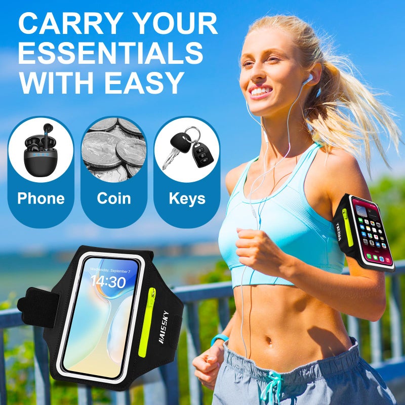 HAISSKY Running Armband with Earphone Bag Cell Phone Armband for iPhone 16 15 Pro 14 Plus 13 11 XR XS, Galaxy S24/S10 Water Resistant Sports Phone Holder Case & Zipper Slot Car Key Holder for 6.9 inch Phone - Image 2