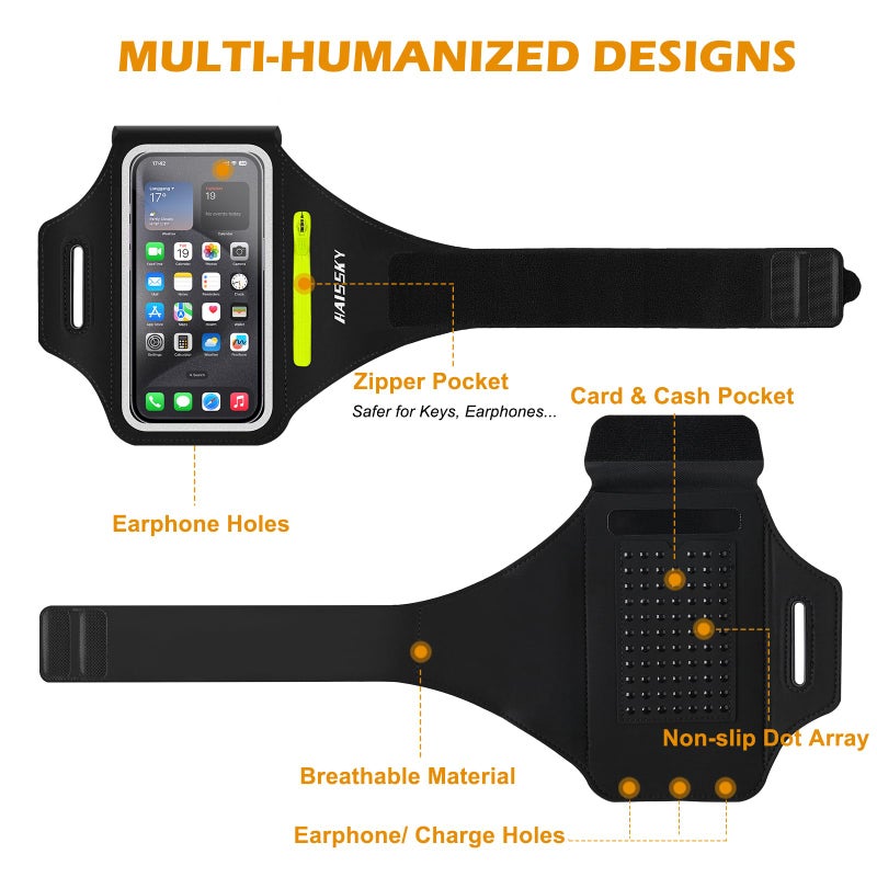 HAISSKY Running Armband with Earphone Bag Cell Phone Armband for iPhone 16 15 Pro 14 Plus 13 11 XR XS, Galaxy S24/S10 Water Resistant Sports Phone Holder Case & Zipper Slot Car Key Holder for 6.9 inch Phone - Image 5