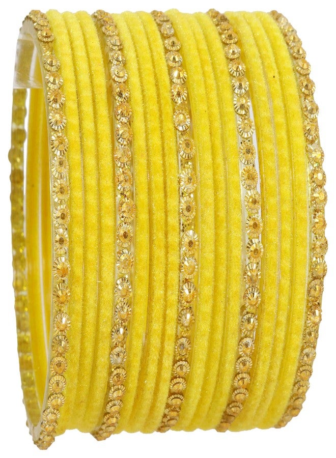 NMII طقم أساور مخملية أنيقة من NMII مرصعة بالزجاج والخرز الذهبي للنساء والفتيات | أساور نسائية فاخرة | طقم تشودي تقليدي، (F133_Guddan-(3)-أصفر-2.6 بوصة) - Image 3
