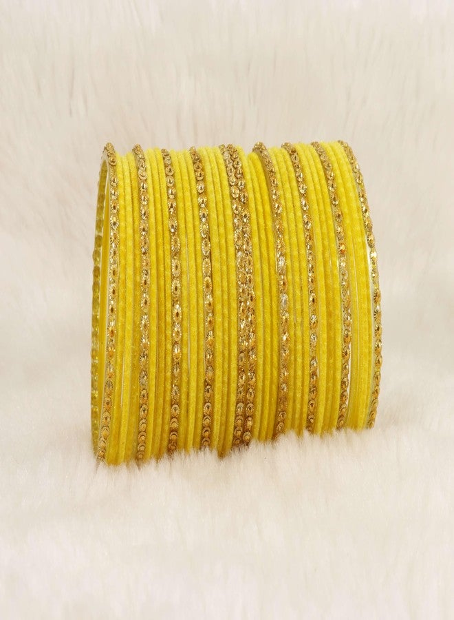 NMII طقم أساور مخملية أنيقة من NMII مرصعة بالزجاج والخرز الذهبي للنساء والفتيات | أساور نسائية فاخرة | طقم تشودي تقليدي، (F133_Guddan-(3)-أصفر-2.6 بوصة) - Image 2
