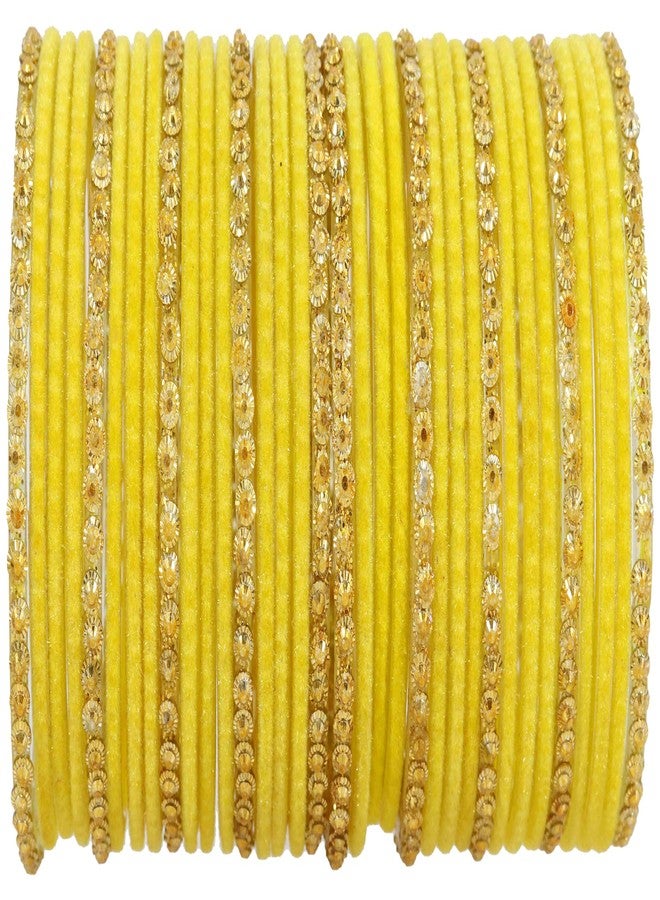 NMII طقم أساور مخملية أنيقة من NMII مرصعة بالزجاج والخرز الذهبي للنساء والفتيات | أساور نسائية فاخرة | طقم تشودي تقليدي، (F133_Guddan-(3)-أصفر-2.6 بوصة) - Image 1