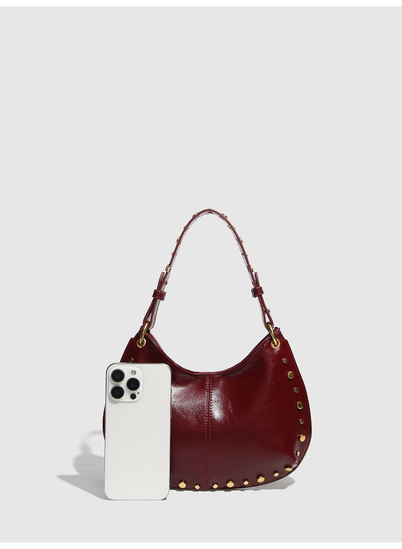 Women's Street Punk Studded Adjustable Shoulder Crossbody Saddle Bag, Fashion Handbag with Chain Strap - Image 5