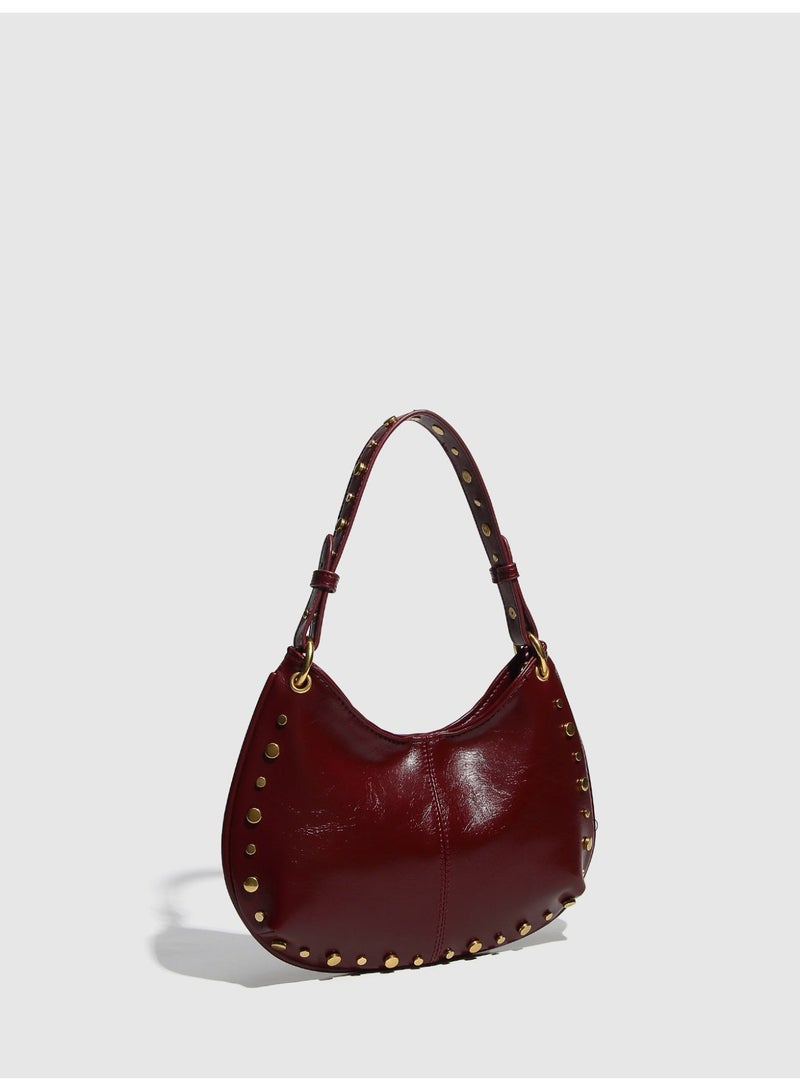 Women's Street Punk Studded Adjustable Shoulder Crossbody Saddle Bag, Fashion Handbag with Chain Strap - Image 4