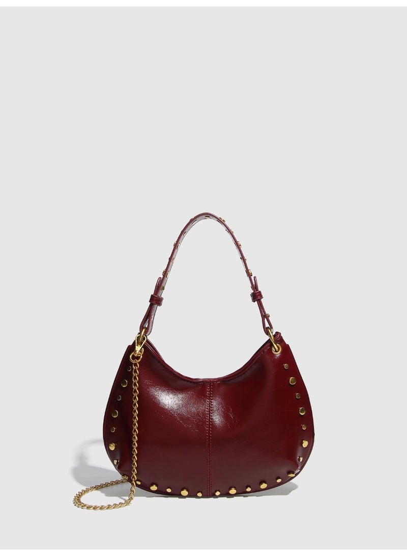 Women's Street Punk Studded Adjustable Shoulder Crossbody Saddle Bag, Fashion Handbag with Chain Strap - Image 1