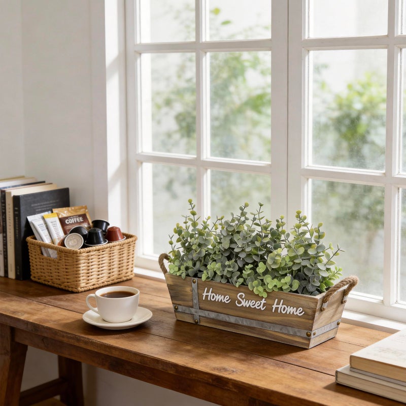 hopeme Artificial Eucalyptus Table Centerpiece in Wooden Box, Faux Greenery Arrangement with â€œHome Sweet Homeâ€ Sign, Jute Rope Handles, Farmhouse Rustic Home DÃ©cor - Image 3