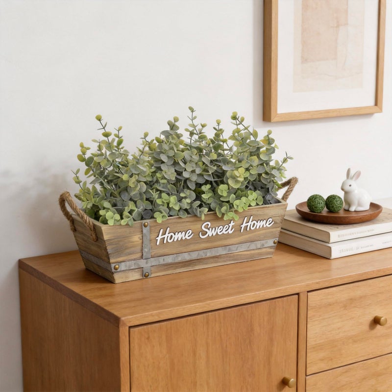 hopeme Artificial Eucalyptus Table Centerpiece in Wooden Box, Faux Greenery Arrangement with â€œHome Sweet Homeâ€ Sign, Jute Rope Handles, Farmhouse Rustic Home DÃ©cor - Image 5