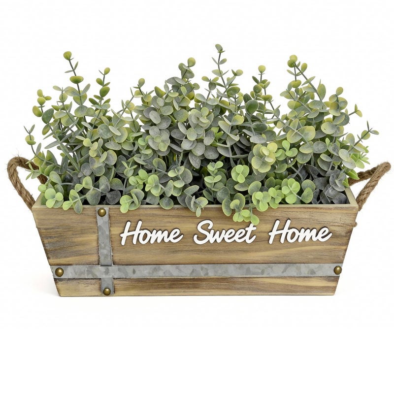 hopeme Artificial Eucalyptus Table Centerpiece in Wooden Box, Faux Greenery Arrangement with â€œHome Sweet Homeâ€ Sign, Jute Rope Handles, Farmhouse Rustic Home DÃ©cor - Image 1