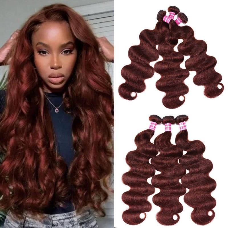 UNICE Reddish Brown Body Wave Human Hair Weave 3 Bundles 18 20 22 inch Brazilian Remy Hair Auburn Brown Copper Red Human Hair Wavy Weaves for Sew in Extensions 33B Color