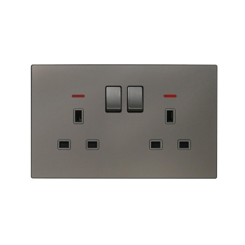 Donmarco 2 Gang Double UK Socket 13A - Ultra Thin Glass, Fire-Resistant Electric Outlet , 15-Year Warranty – Elegant and Durable Power Outlet for Home and Office (Matt Grey) - Image 1