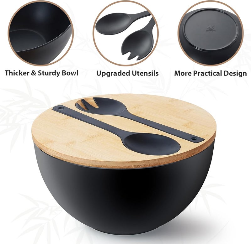 ECOHAGOU 113 Extra Large Salad Bowl with Wooden Lid  Servers 208Oz Oversized Bamboo Fiber Salad Serving Set with Utensils for HomeKitchen Big Lightweight Bowl for Mixing SaladFruitPasta  Matte Black - Image 2